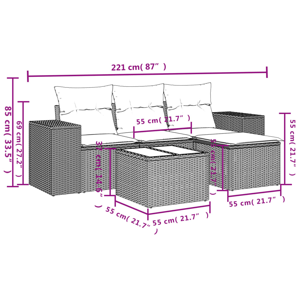 Set Divano Da Giardino 5pz Con Cuscini Grigio Chiaro Polyrattan