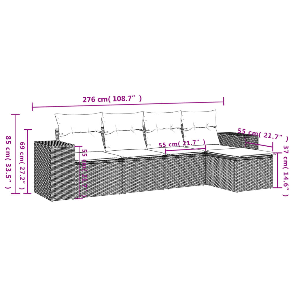 Set Divano Da Giardino 5 Pz Con Cuscini Grigio In Polyrattan