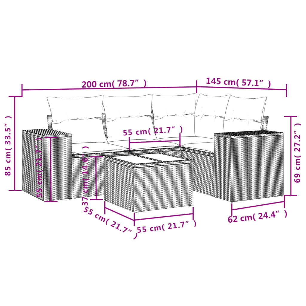 Set Divano Da Giardino 5 Pz Con Cuscini Grigio In Polyrattan