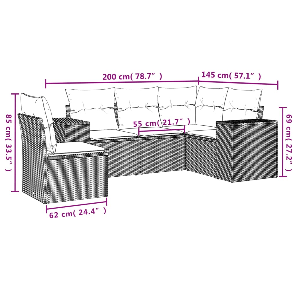 Set Divano Da Giardino 5 Pz Con Cuscini Grigio In Polyrattan