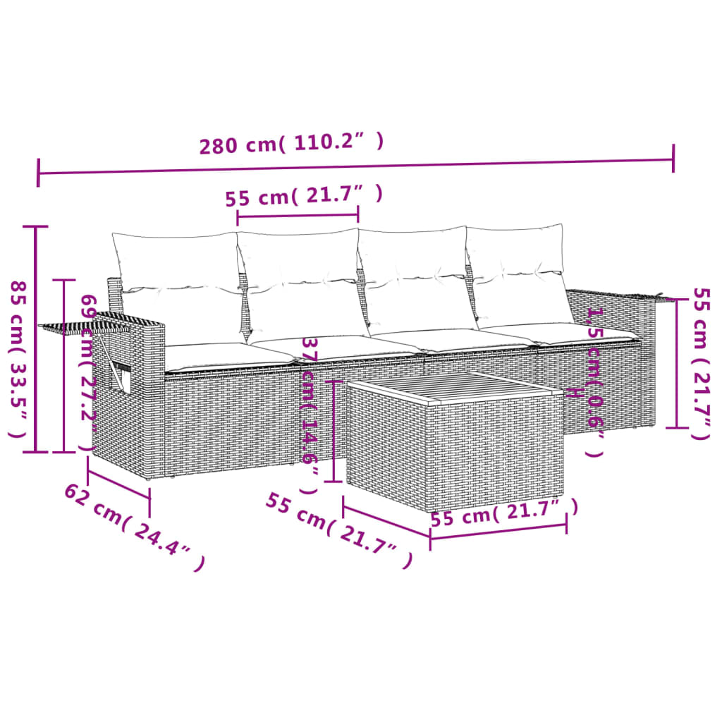 Set Divano Da Giardino 5 Pz Con Cuscini Grigio In Polyrattan