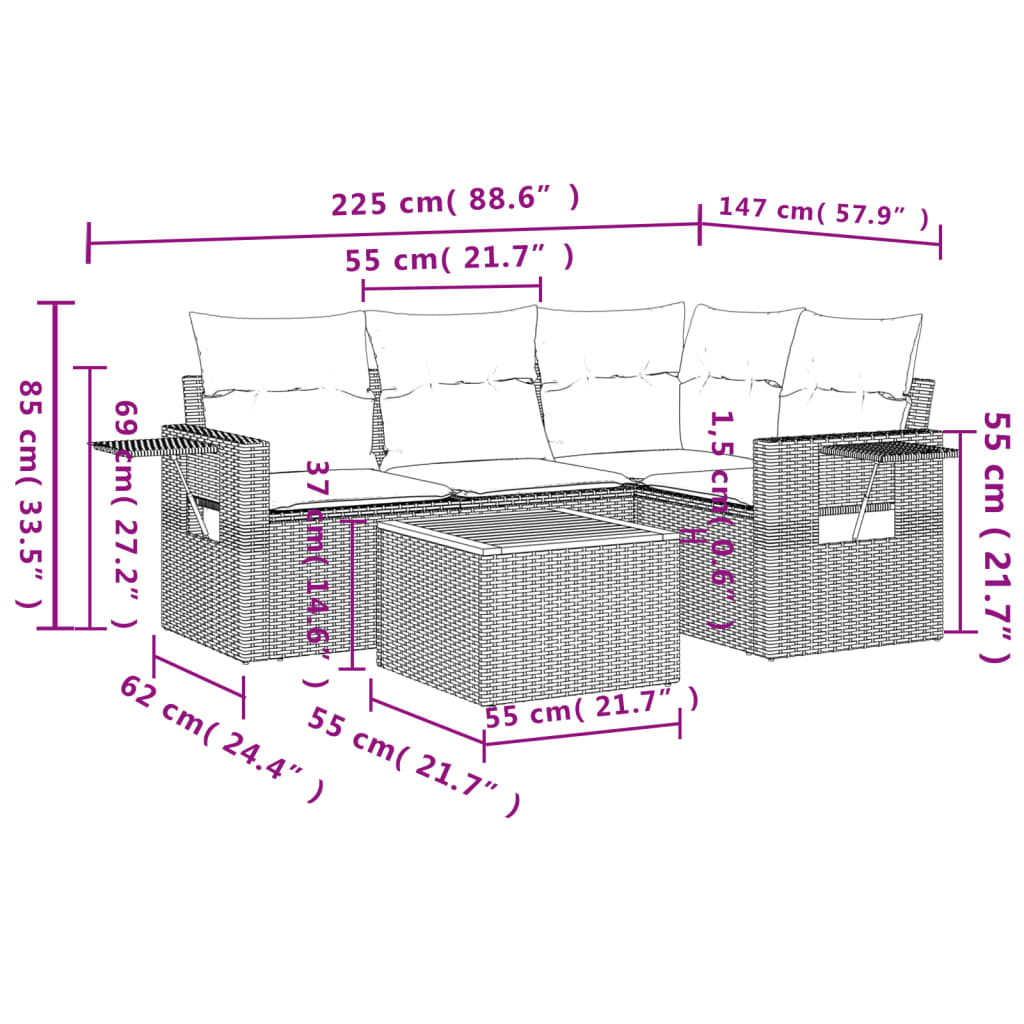 Set Divani Da Giardino 5 Pz Con Cuscini In Polyrattan Nero