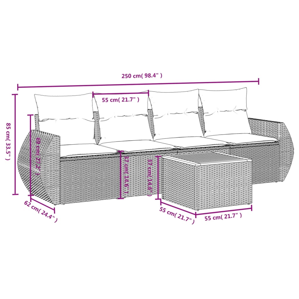 Set Divano Da Giardino 5 Pz Con Cuscini Grigio In Polyrattan