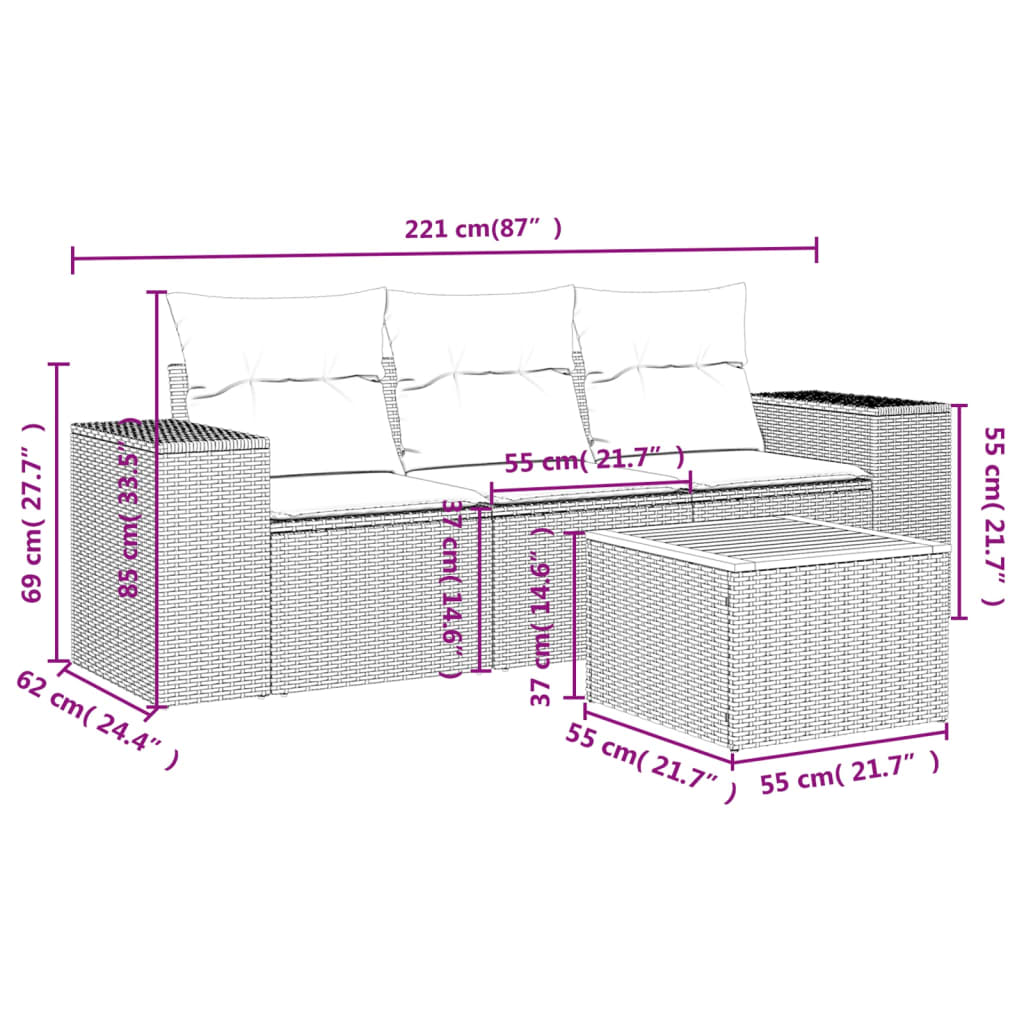 Set Divano Da Giardino 4 Pz Con Cuscini Beige In Polyrattan