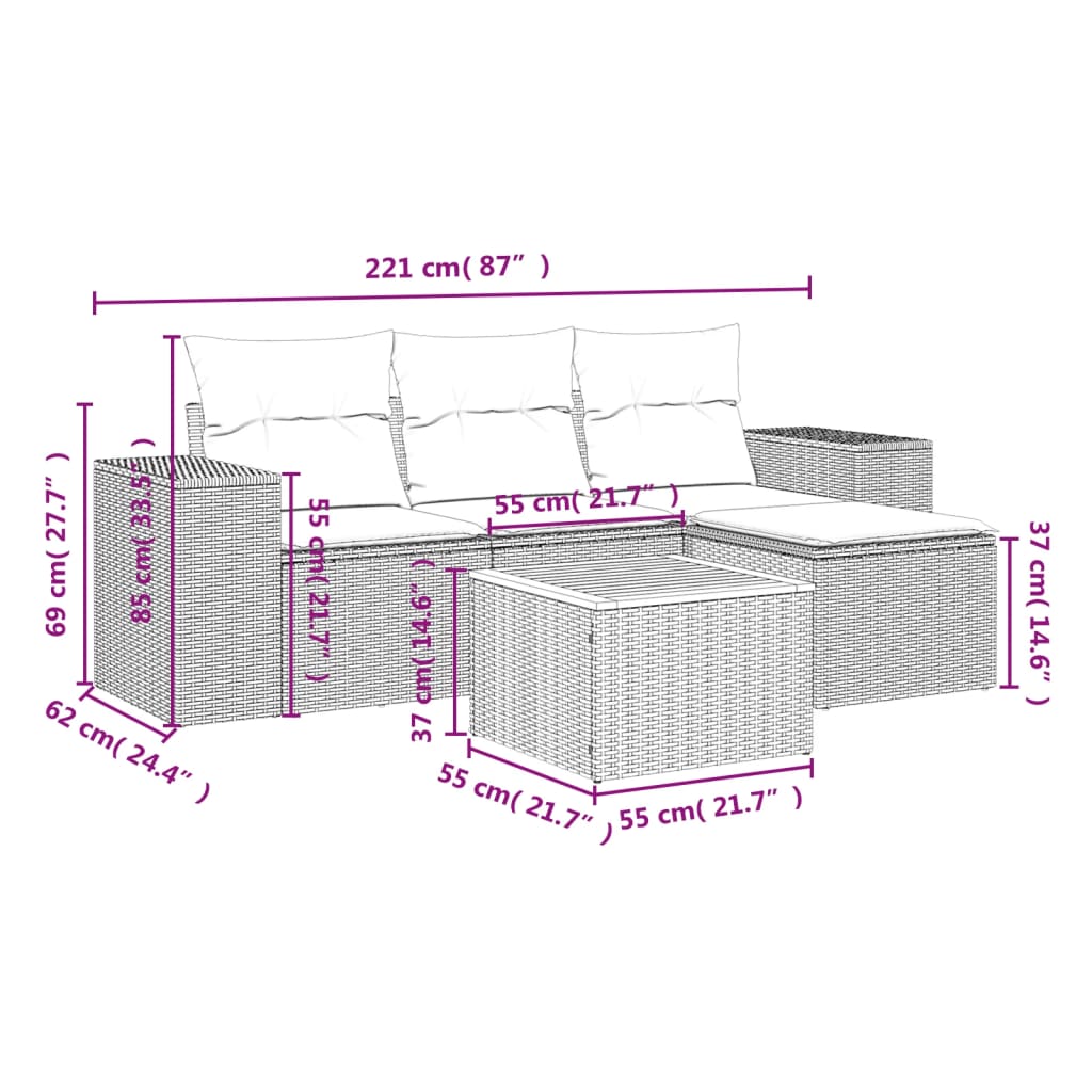 Set Divano Da Giardino 5 Pz Con Cuscini Grigio In Polyrattan