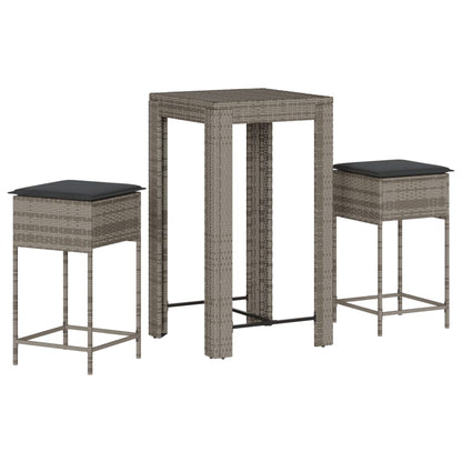 Set Bar Da Giardino 3pz Con Cuscini Grigio In Polyrattan