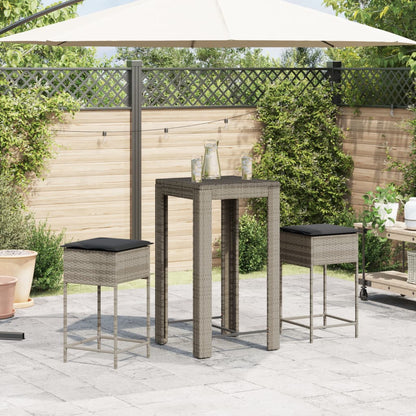 Set Bar Da Giardino 3pz Con Cuscini Grigio In Polyrattan