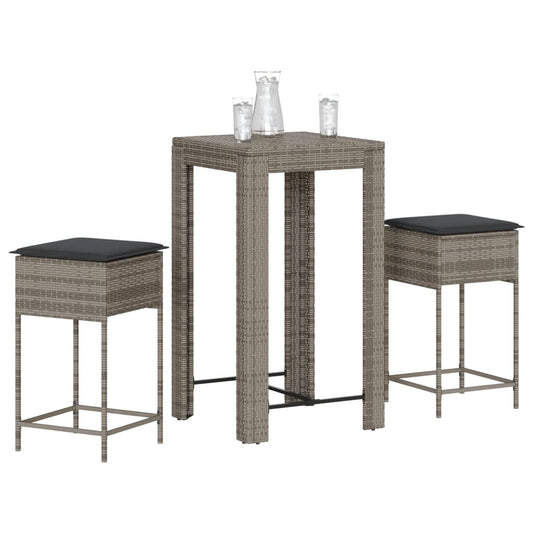 Set Bar Da Giardino 3pz Con Cuscini Grigio In Polyrattan