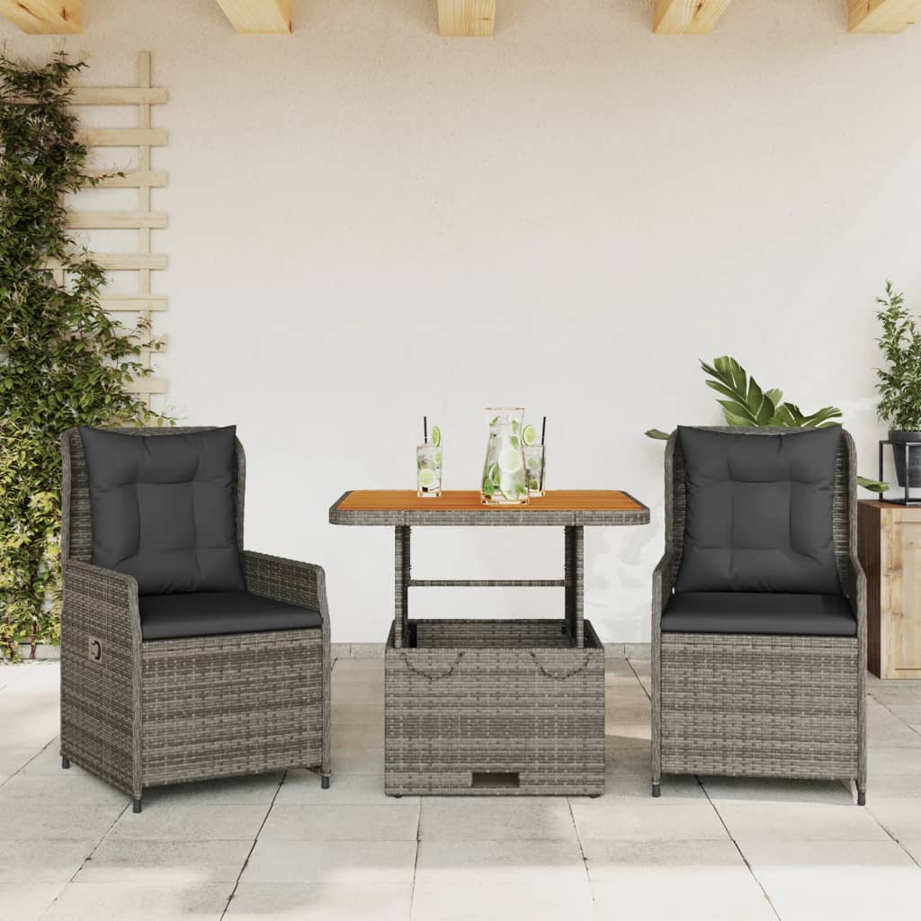 Set Da Bistrò 3 Pz Con Cuscini Grigio In Polyrattan