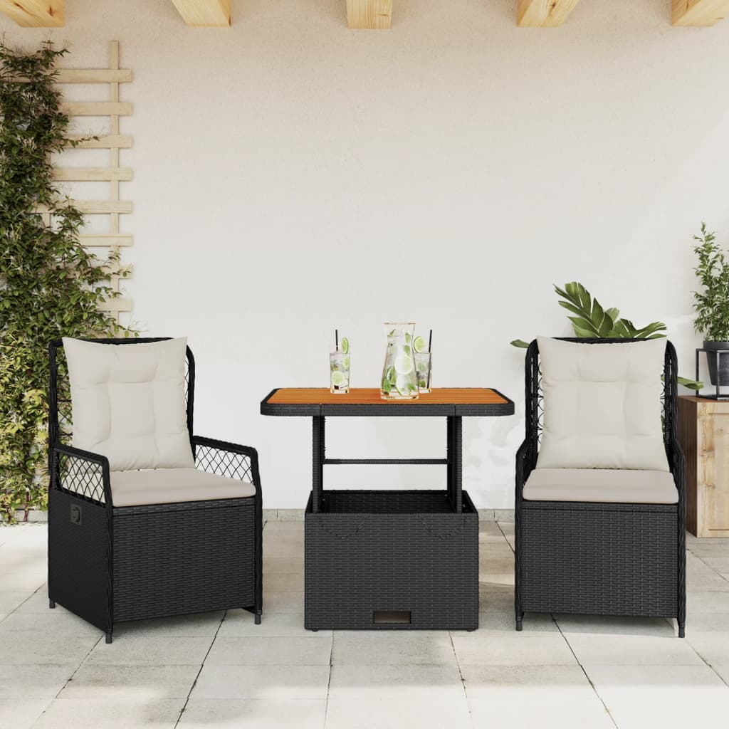 Set Da Pranzo Da Giardino 3 Pz Con Cuscini Nero In Polyrattan