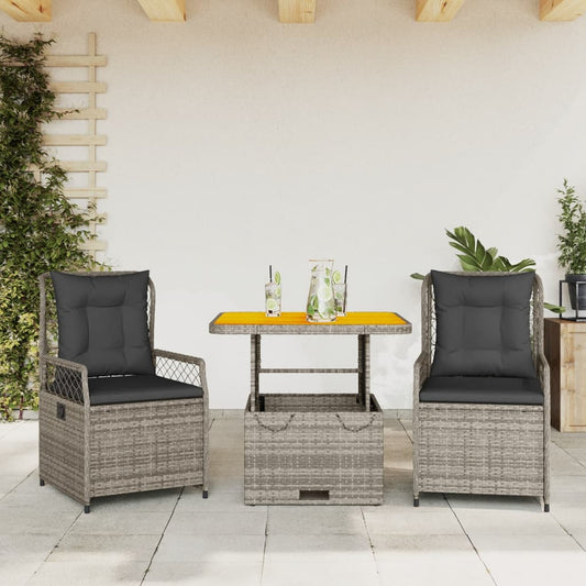 Set Da Pranzo Da Giardino 3 Pz Con Cuscini In Polyrattan Grigio