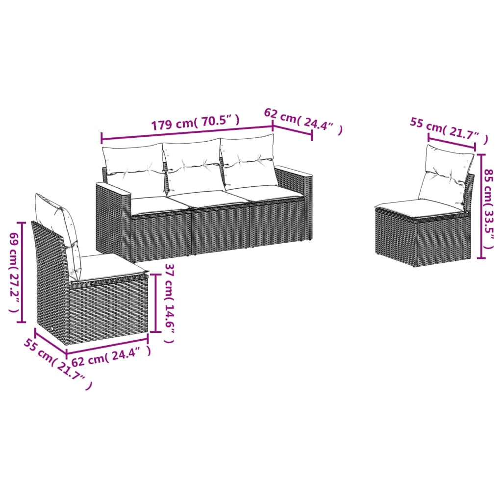 Set Divano Da Giardino 5 Pz Con Cuscini Grigio In Polyrattan