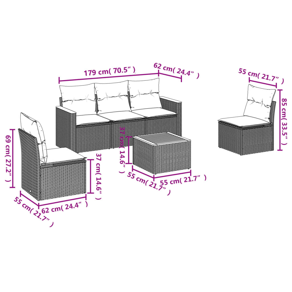 Set Divano Da Giardino 6 Pz Con Cuscini Nero In Polyrattan