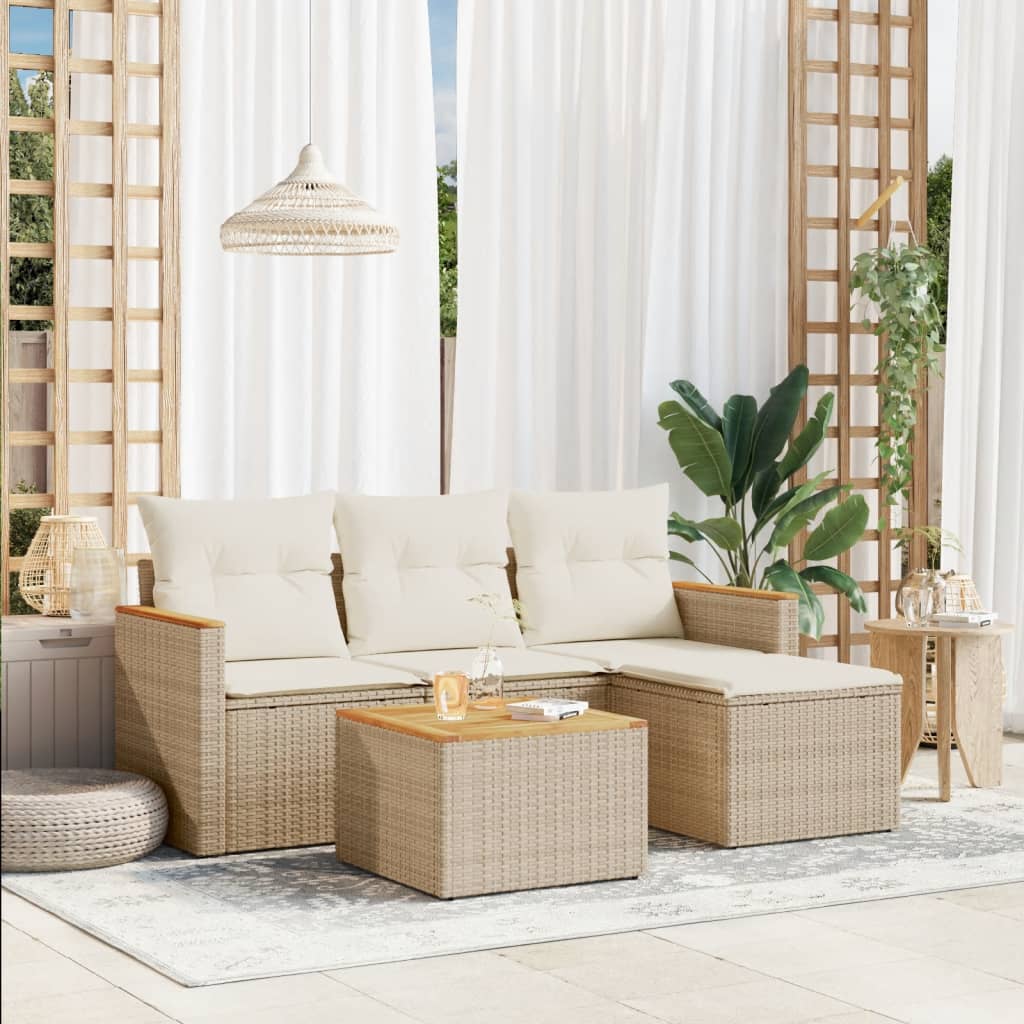 Set Divano Da Giardino 5 Pz Con Cuscini Beige In Polyrattan