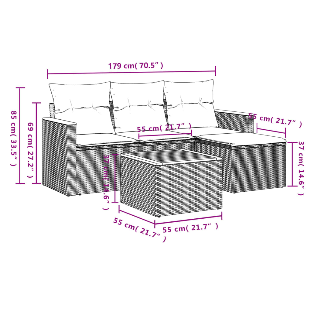 Set Divano Da Giardino 5 Pz Con Cuscini Grigio In Polyrattan