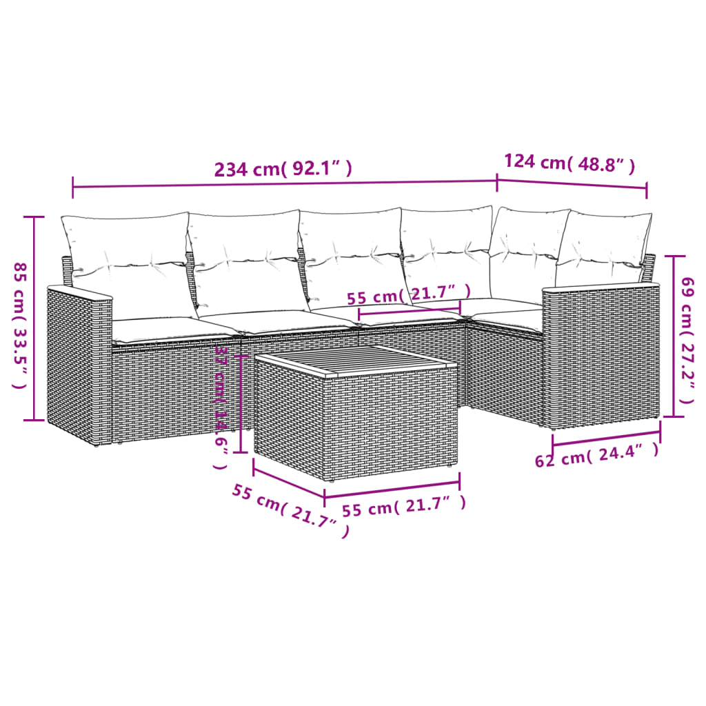 Set Divano Da Giardino 6 Pz Con Cuscini Nero In Polyrattan