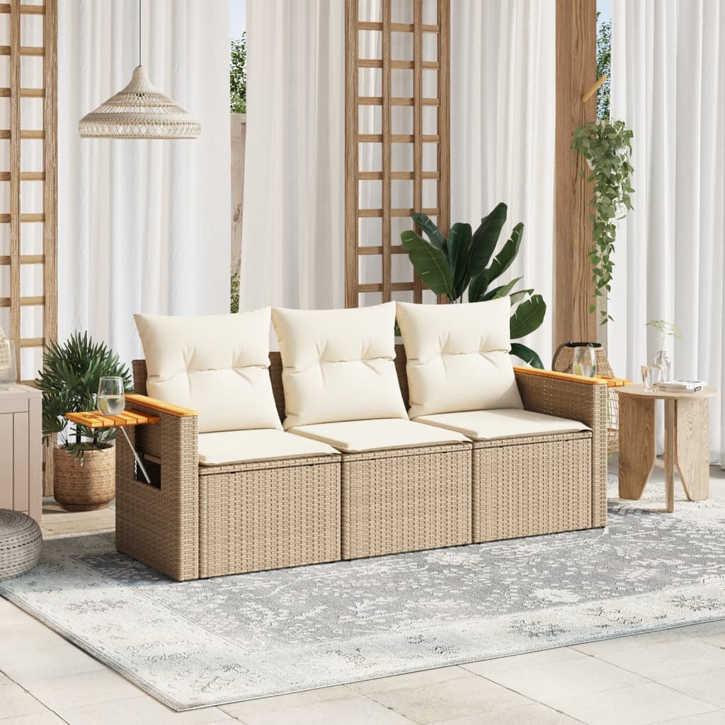 Set Divano Da Giardino 3 Pz Con Cuscini Beige In Polyrattan