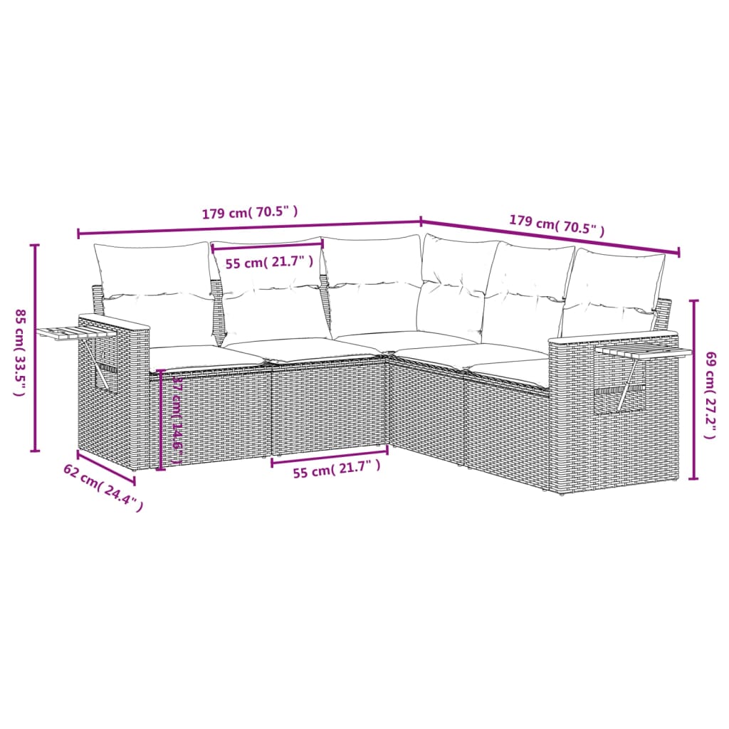 Set Divano Da Giardino 5 Pz Con Cuscini Grigio In Polyrattan