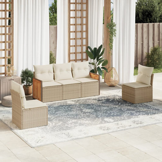 Set Divano Da Giardino 5 Pz Con Cuscini Beige In Polyrattan