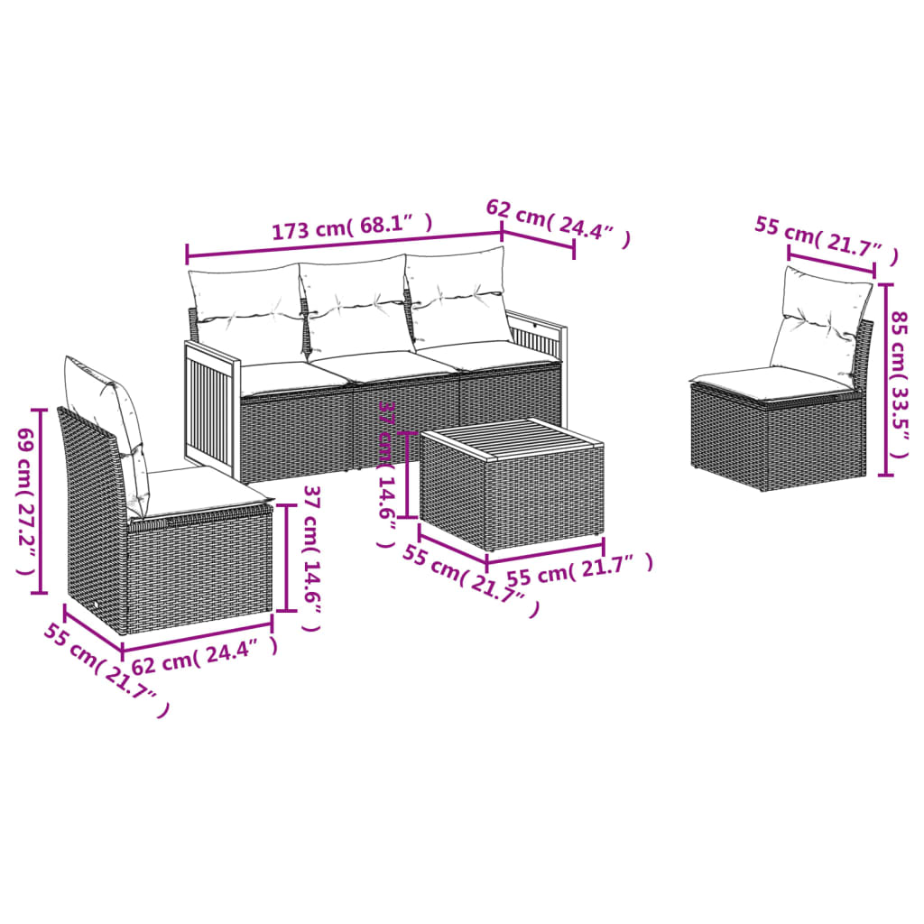 Set Divano Da Giardino 6 Pz Con Cuscini Nero In Polyrattan