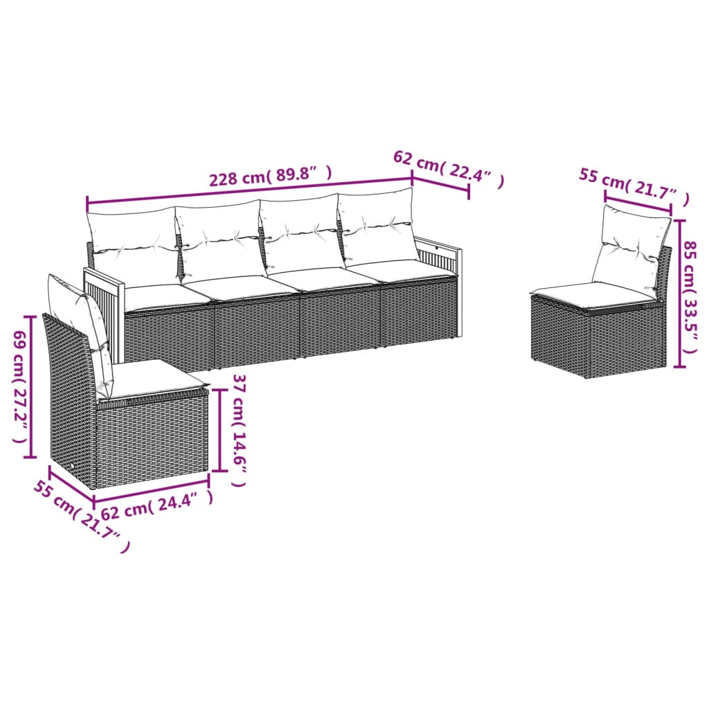 Set Divano Da Giardino 6 Pz Con Cuscini Nero In Polyrattan