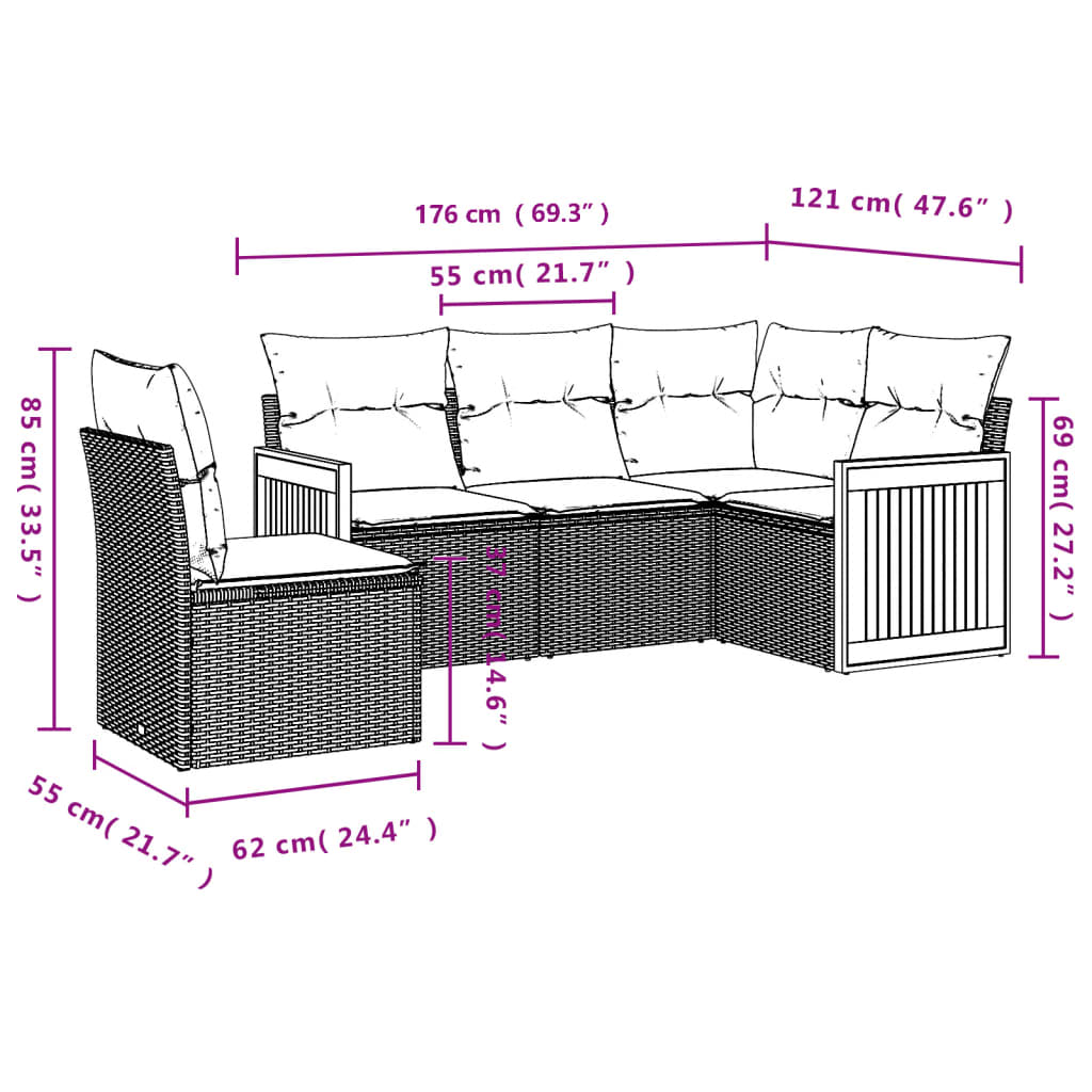 Set Divano Da Giardino 5 Pz Con Cuscini Grigio In Polyrattan