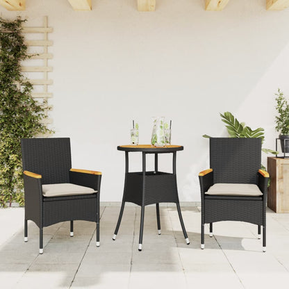 Set Pranzo Da Giardino 3 Pz Con Cuscini Nero Polyrattan Acacia