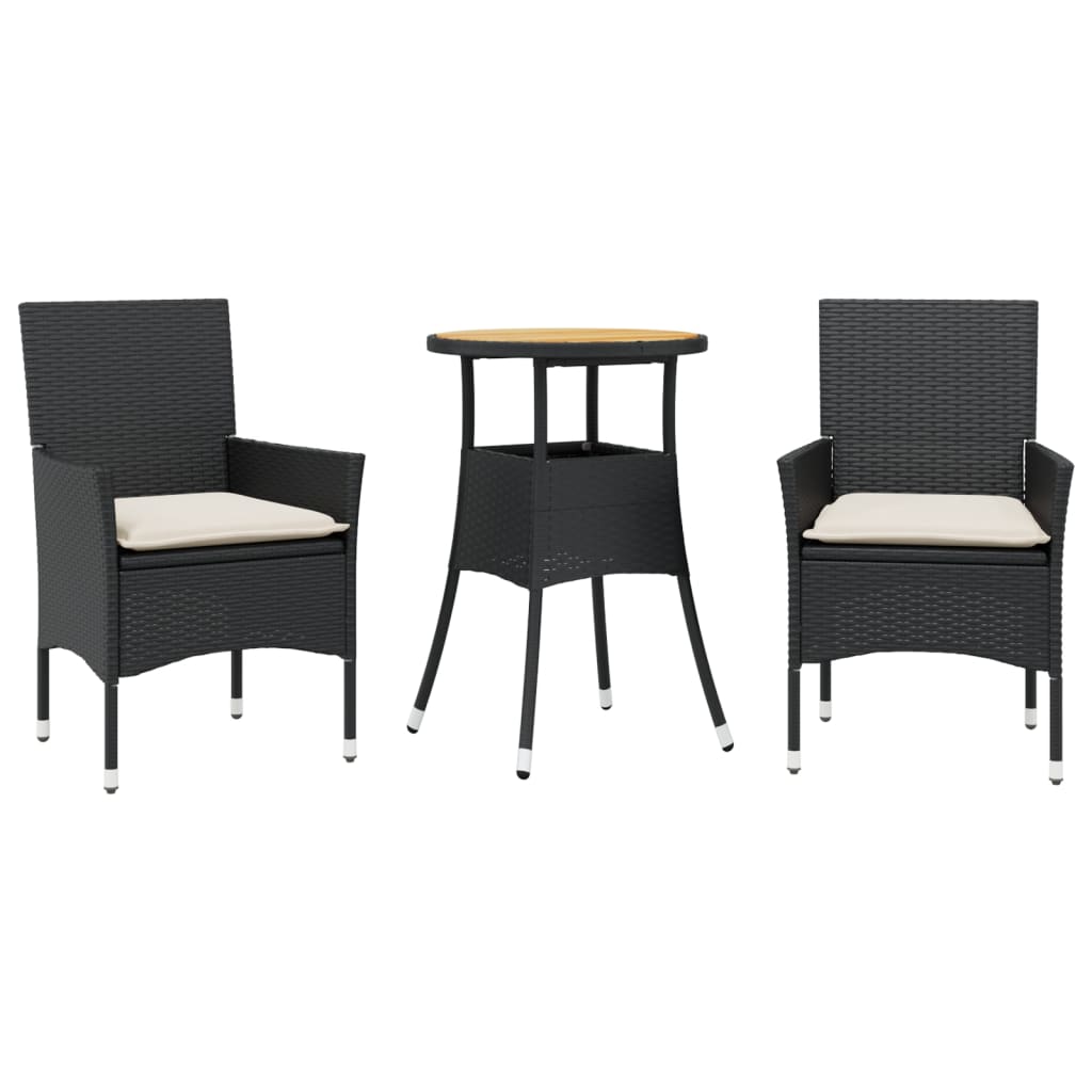 Set Pranzo Da Giardino 3 Pz Con Cuscini Nero Polyrattan Acacia