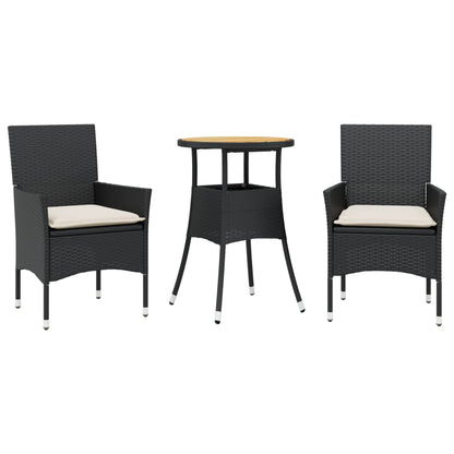 Set Pranzo Da Giardino 3 Pz Con Cuscini Nero Polyrattan Acacia