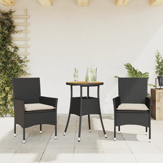 Set Pranzo Da Giardino 3 Pz Con Cuscini Nero Polyrattan Acacia