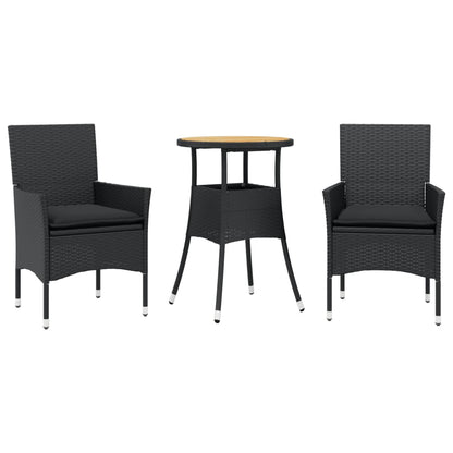 Set Pranzo Da Giardino 3 Pz Con Cuscini Nero Polyrattan Acacia