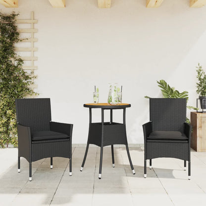 Set Pranzo Da Giardino 3 Pz Con Cuscini Nero Polyrattan Acacia