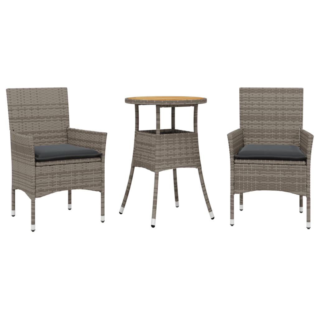 Set Pranzo Da Giardino 3pz Con Cuscini Polyrattan Acacia Grigio