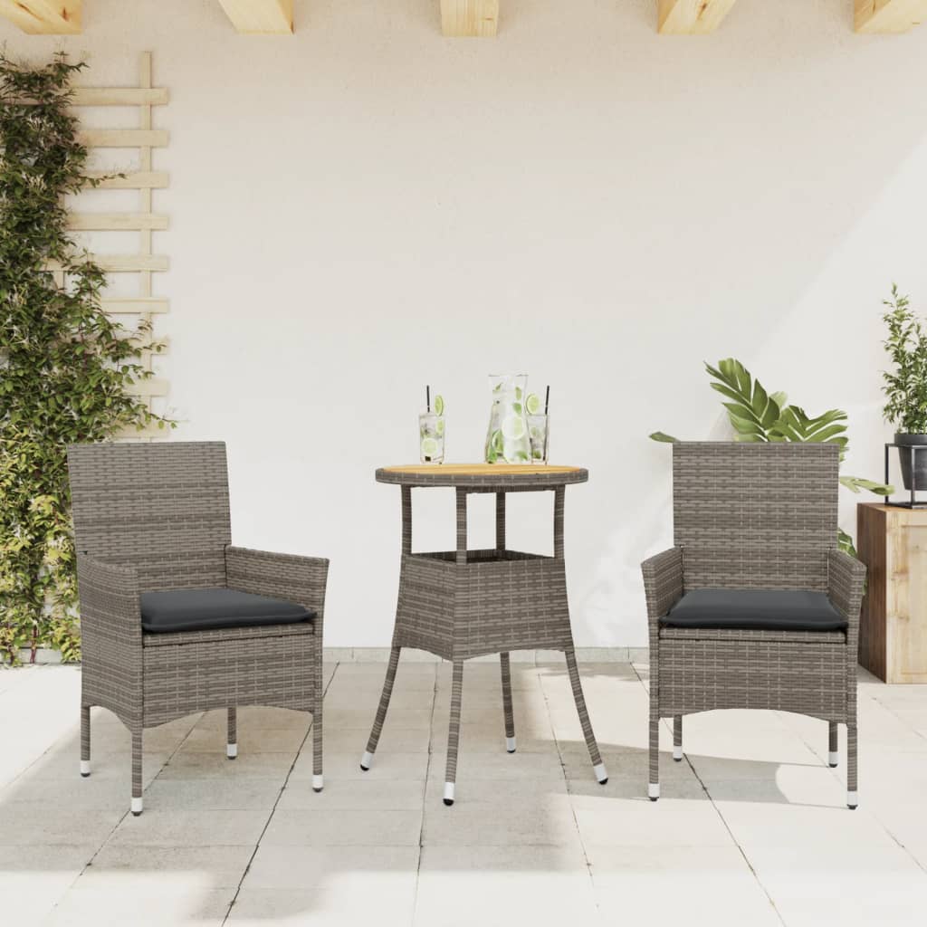 Set Pranzo Da Giardino 3pz Con Cuscini Polyrattan Acacia Grigio