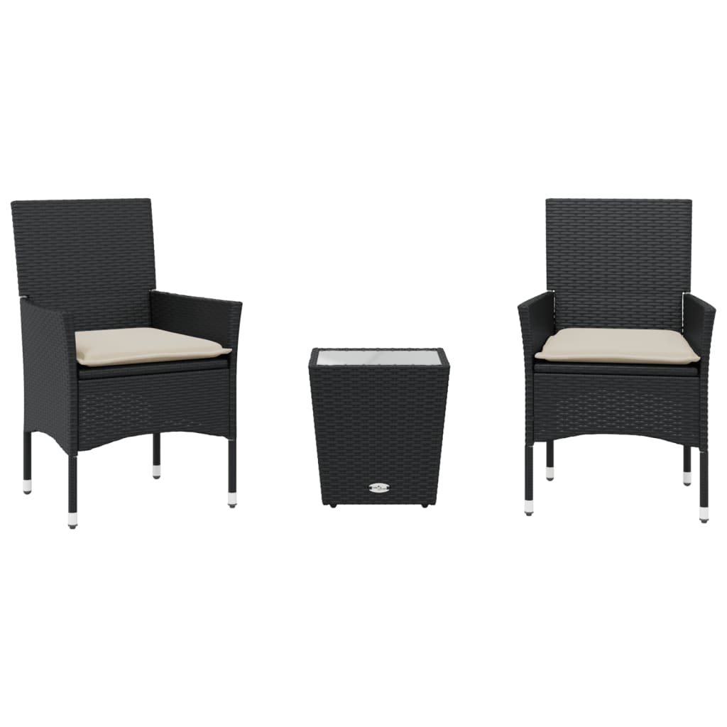 Set Da Bistrò 3 Pz Con Cuscini Nero Polyrattan E Vetro