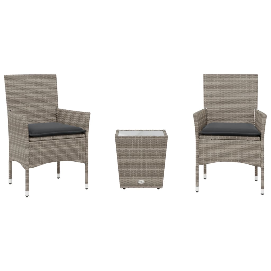 Set Da Bistrò 3 Pz Con Cuscini Grigio Polyrattan E Vetro