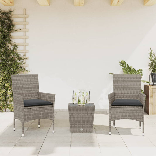 Set Da Bistrò 3 Pz Con Cuscini Grigio Polyrattan E Vetro