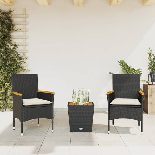 Set Da Bistrò 3 Pz Con Cuscini Nero Polyrattan E Vetro