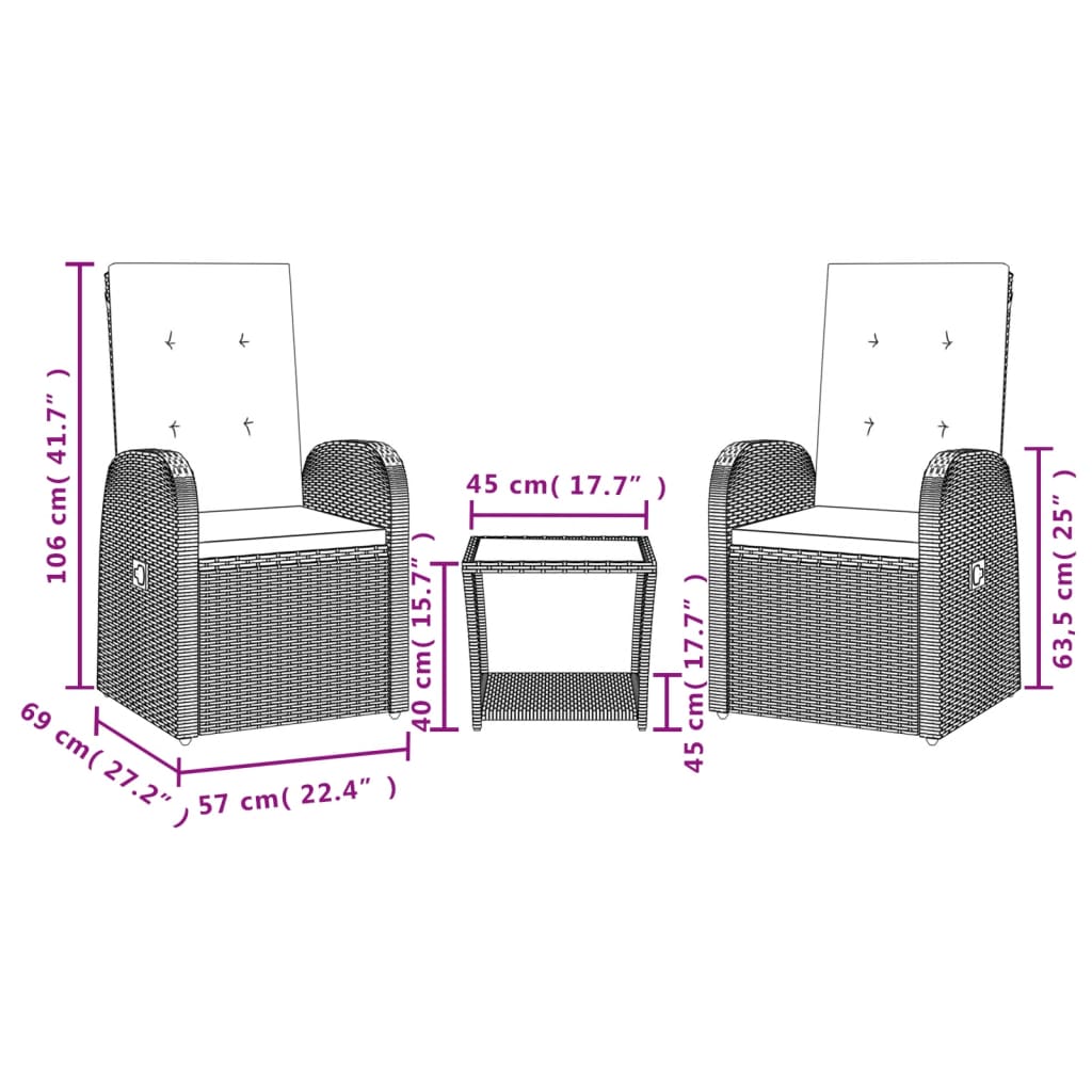 Set Da Pranzo Da Giardino 3 Pz Con Cuscini In Polyrattan Grigio