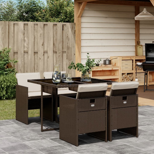 Set Da Pranzo Da Giardino 5pz Con Cuscini In Polyrattan Marrone