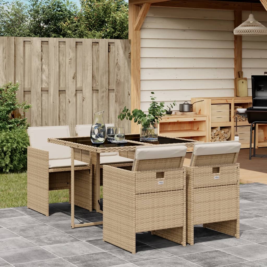 Set Da Pranzo Da Giardino 5 Pz Con Cuscini Beige In Polyrattan