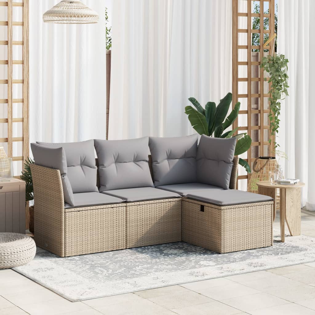 Set Divano Da Giardino 4 Pz Con Cuscini Beige Misto Polyrattan