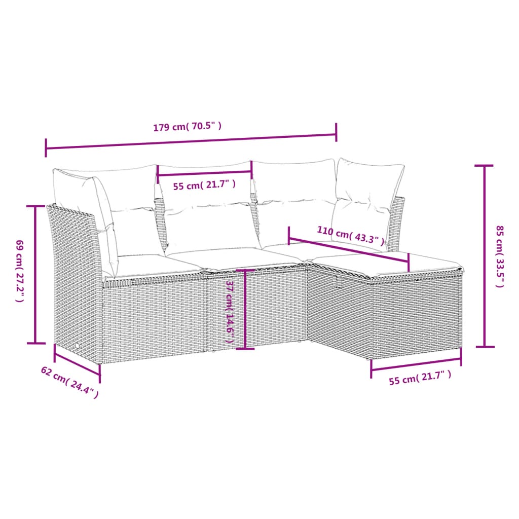 Set Divani Da Giardino 4 Pz Con Cuscini In Polyrattan Grigio