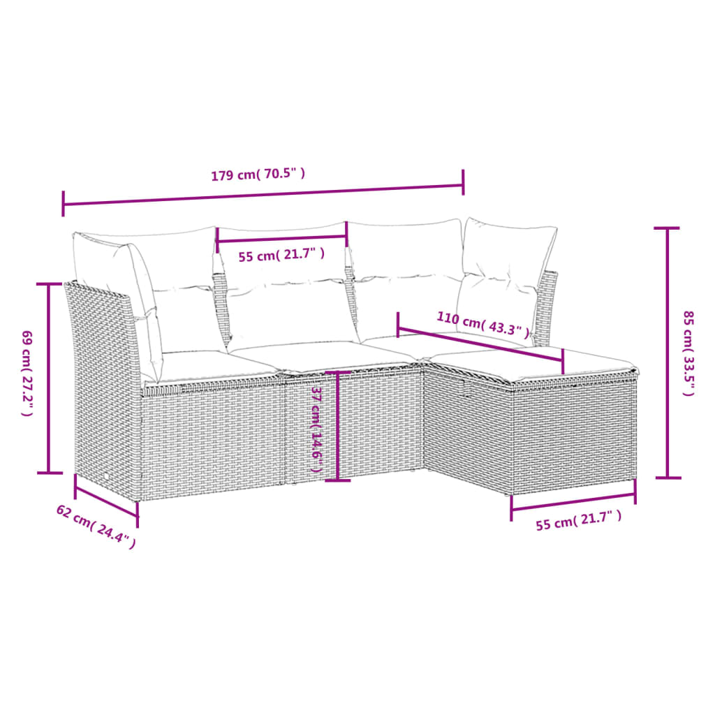 Set Divano Da Giardino 4 Pz Con Cuscini Marrone In Polyrattan