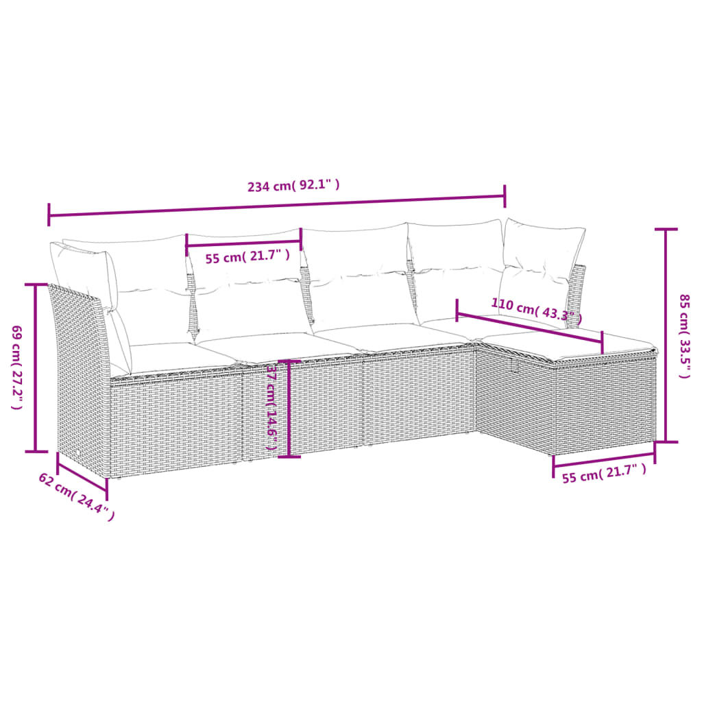 Set Divano Da Giardino 5pz Con Cuscini Grigio Chiaro Polyrattan