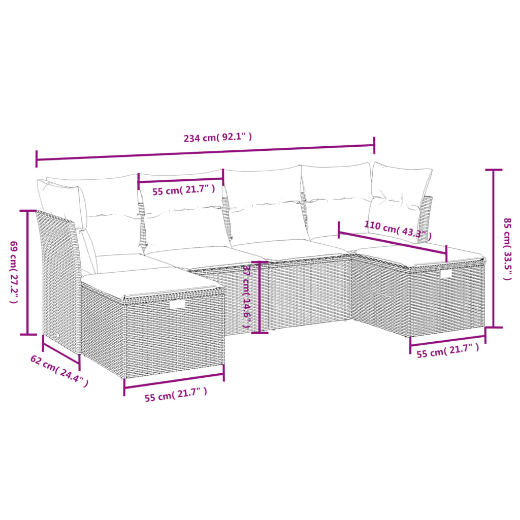 Set Divano Da Giardino 6 Pz Con Cuscini Nero In Polyrattan