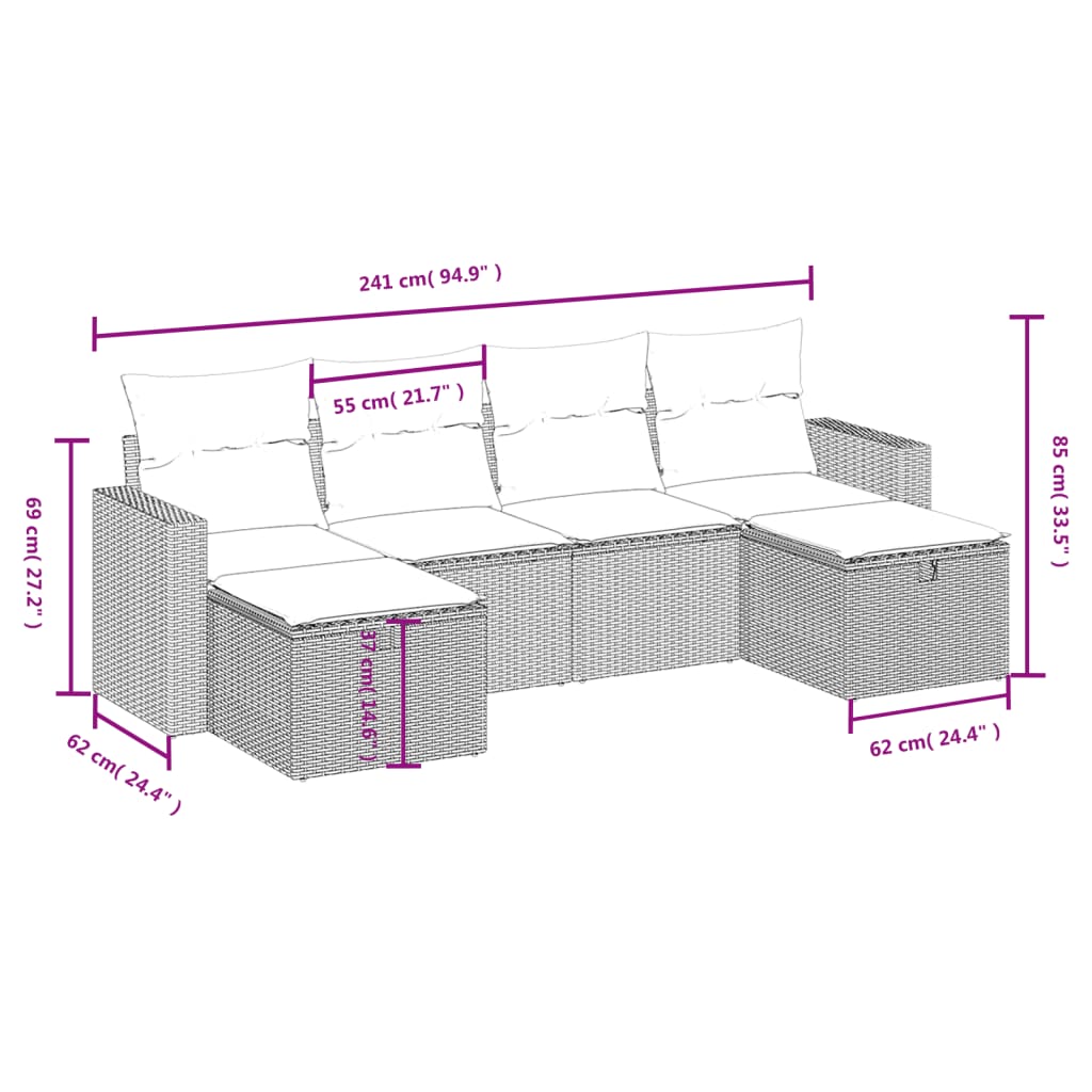 Set Divano Da Giardino 6 Pz Con Cuscini Nero In Polyrattan