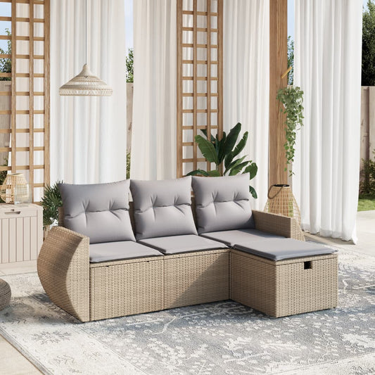 Set Divano Da Giardino 4 Pz Con Cuscini Beige Misto Polyrattan