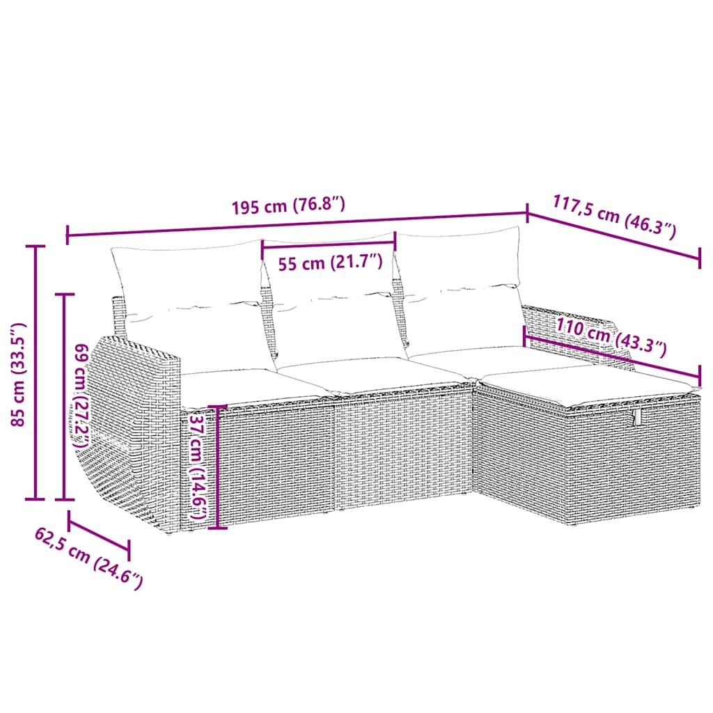 Set Divano Da Giardino 4pz Con Cuscini Grigio Chiaro Polyrattan