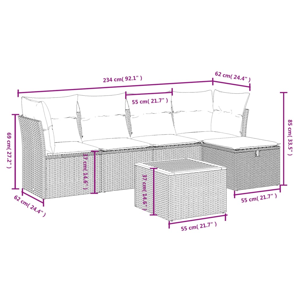 Set Divano Da Giardino 6 Pz Con Cuscini Nero In Polyrattan